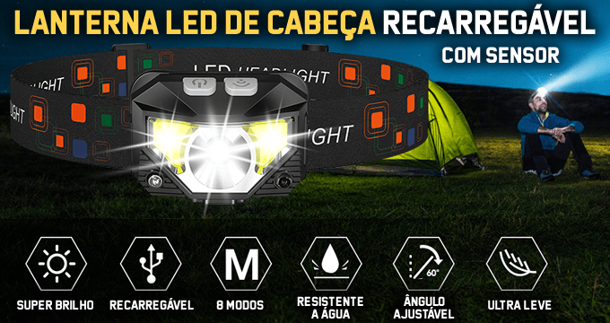 Lanterna de Cabeça LED Ultraleve com Sensor de Movimento