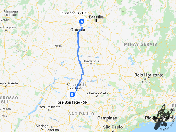Trajeto entre Pirenópolis - Goiás - Brasil e José Bonifácio - São Paulo - Brasil | FredLee Na Estrada