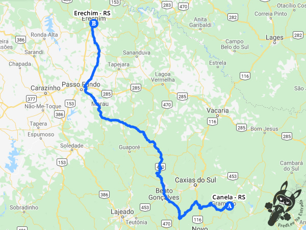 Trajeto de Canela - Rio Grande do Sul - Brasil a Erechim - Rio Grande do Sul - Brasil | FredLee Na Estrada
