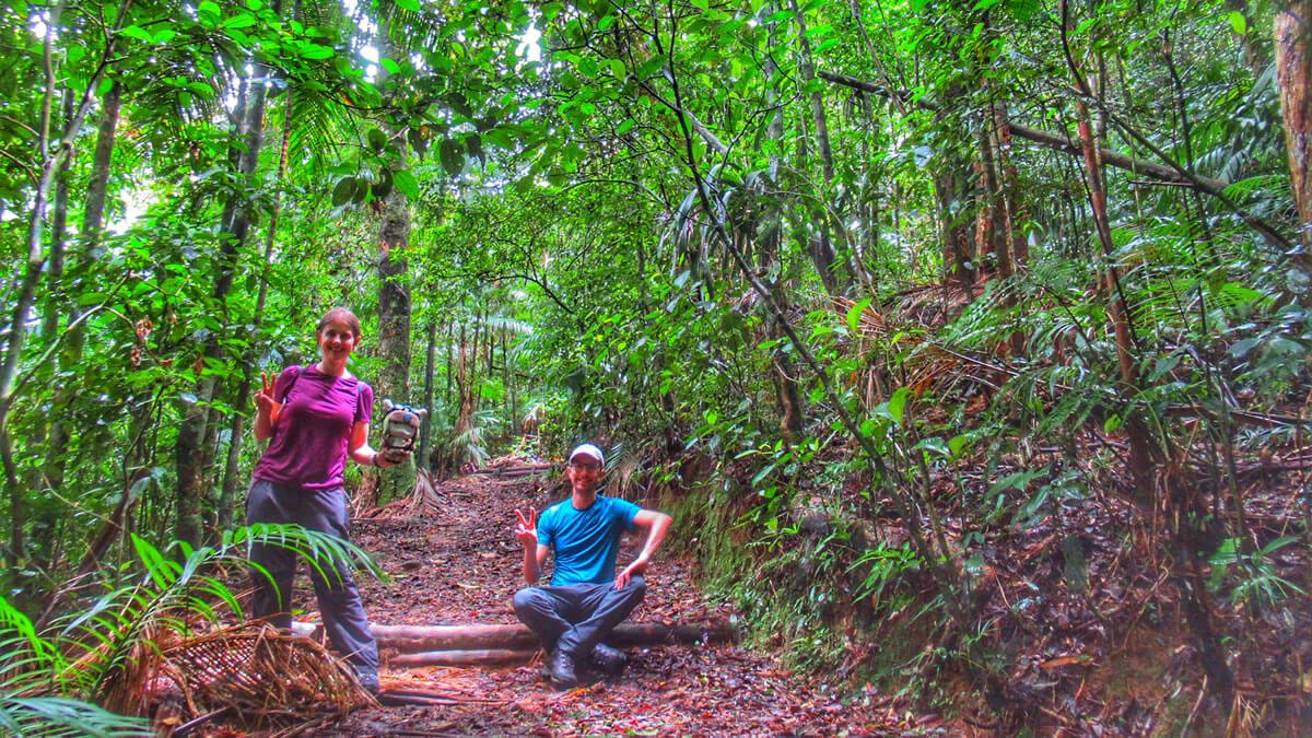 Vista da Trilha 360 no Parque Nacional da Serra dos Órgãos, Sede Teresópolis, RJ, cercada pela densa vegetação da Mata Atlântica.