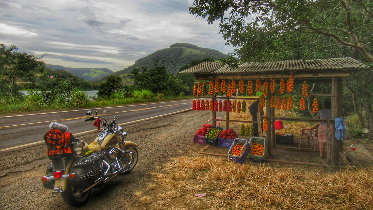 Moto Harley-Davidson estacionada na pitoresca Rodovia BR-480, com uma colorida barraquinha de frutas da estação ao lado, capturando a essência da viagem entre Santa Catarina e Rio Grande do Sul.
