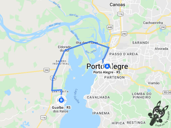 Trajeto entre Porto Alegre - Rio Grande do Sul - Brasil e Guaíba - Rio Grande do Sul - Brasil | FredLee Na Estrada