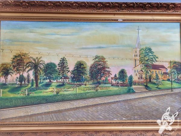 Pintura a óleo sobre tela “Praça 9 de Dezembro”, de Iracema Trinco Ribeiro, no Solar Casa do Visconde de Guarapuava, sede do Museu Municipal Visconde de Guarapuava, em Guarapuava, Paraná, Brasil. Foto: FredLee Na Estrada.